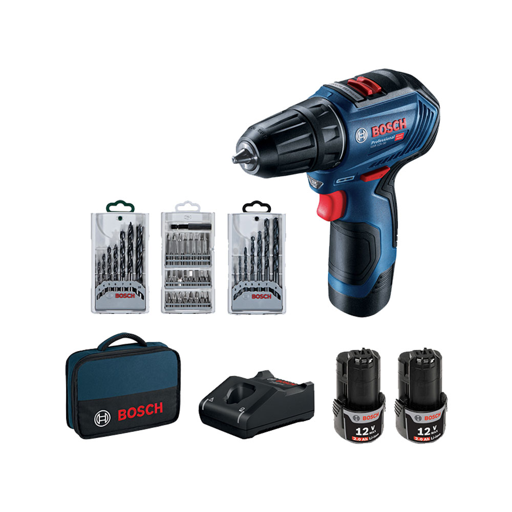 BOSCH aku bušilica GSR 12V-30 2xAku 12V 2,0Ah + 39 dj. set pribora, torba