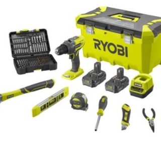 RYOBI aku bušilica-odvijač R18DD3-220TAH 2xAku 18V 2,0Ah + set ručnog alata + set svrdala