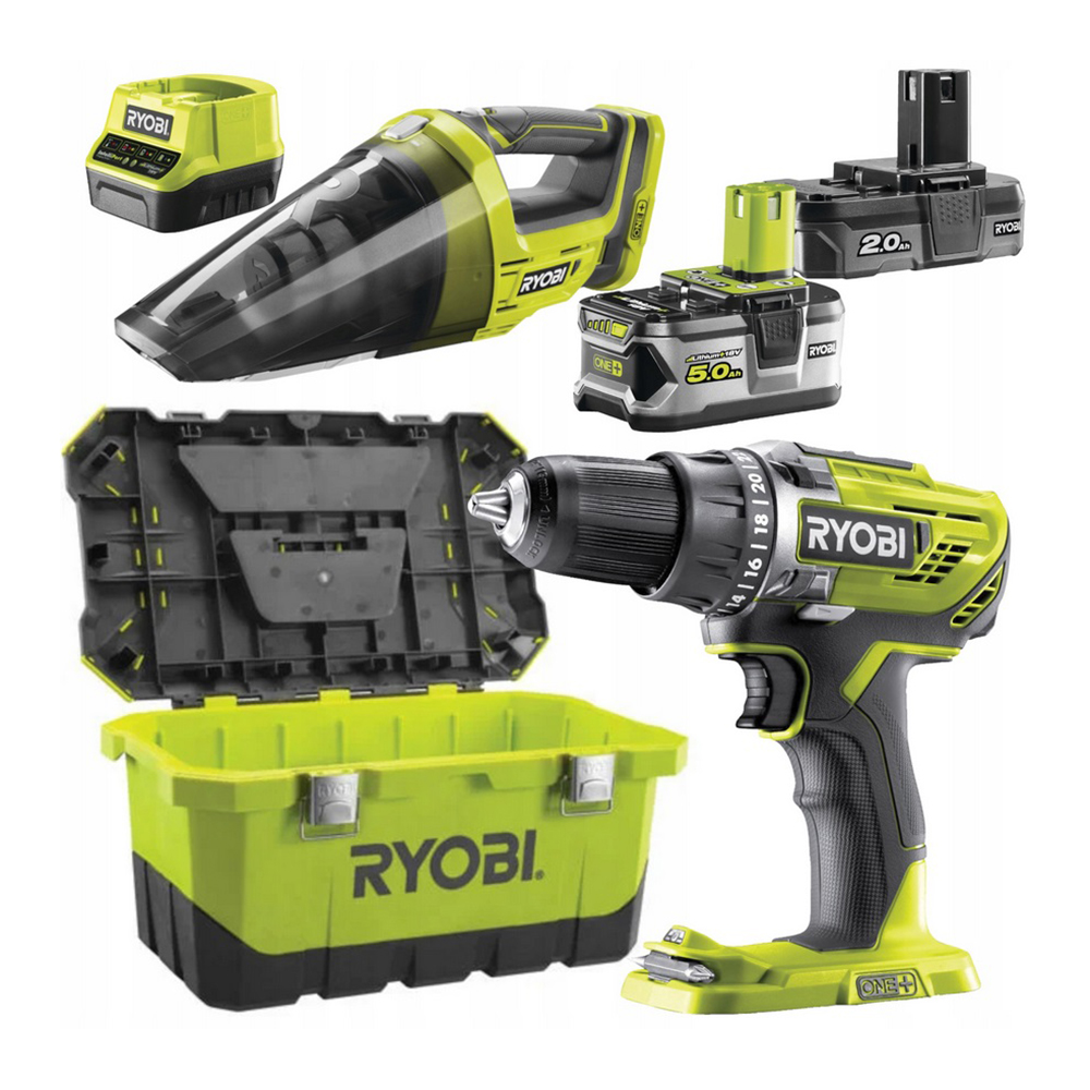 RYOBI aku set alata R18DD3-252VT - aku bušilica R18DD3-0 + aku usisavač R18HV-0