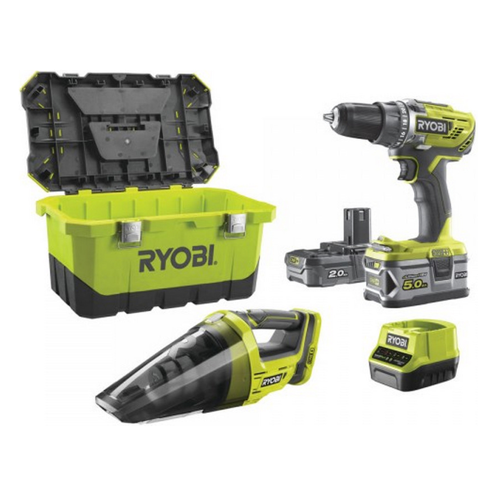 RYOBI aku set alata - aku bušilica-odvijač R18DD3 + aku kutna brusilica R18AG + aku usisavač R18HV-0