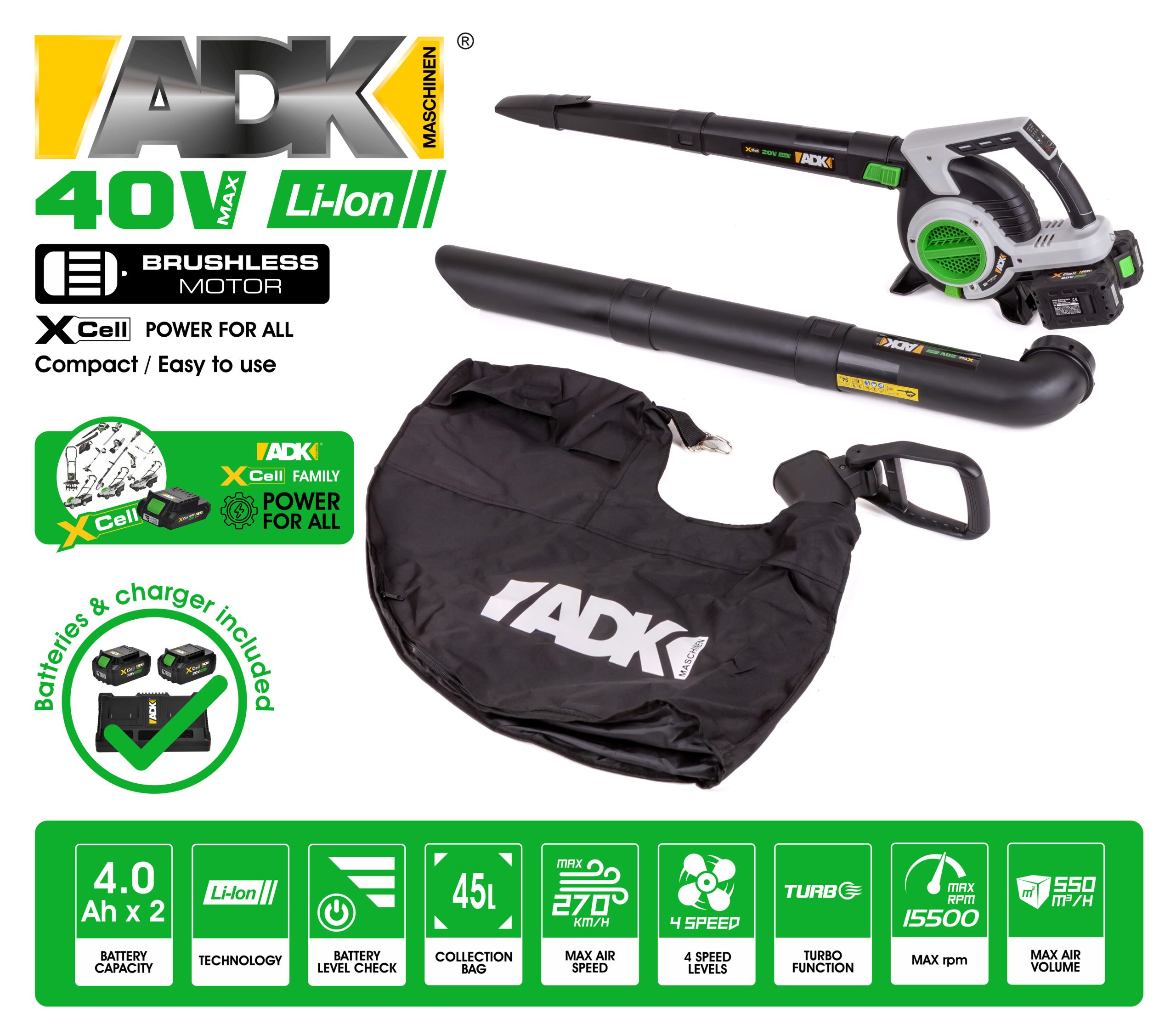 ADK aku puhač-usisavač-drobilica za lišće SF8A512 Xcell 2xAku 20+20V 4,0Ah - Slika 2