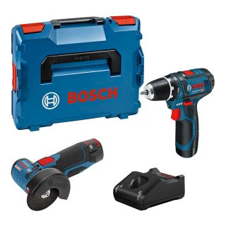 BOSCH aku bušilica GSR 12V-15 + aku kutna brusilica GWS 12V-76 2xAku 12V 2,0Ah L-Boxx