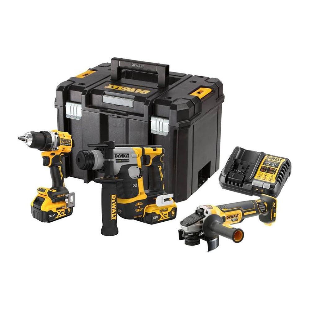 DEWALT aku set DCK355P2T-QW - aku bušaći čekić DCH172 + aku kutna brusilica DCG405 + aku bušilica-odvijač DCD800 XR 2xAku 18V 5,0Ah kovčeg