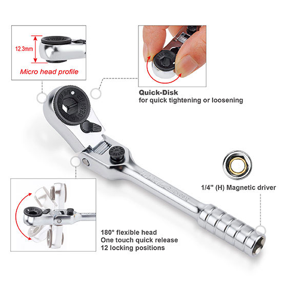 TOPTUL račna za bitove zglobna 1/4" 60 zubi CHEV0811-TPL - Slika 2