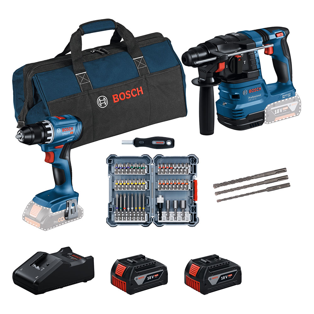 BOSCH aku set - aku bušaći čekić GBH 18V-22 + aku bušilica GSR 18V-45 2xAku 18V 4,0Ah + pribor