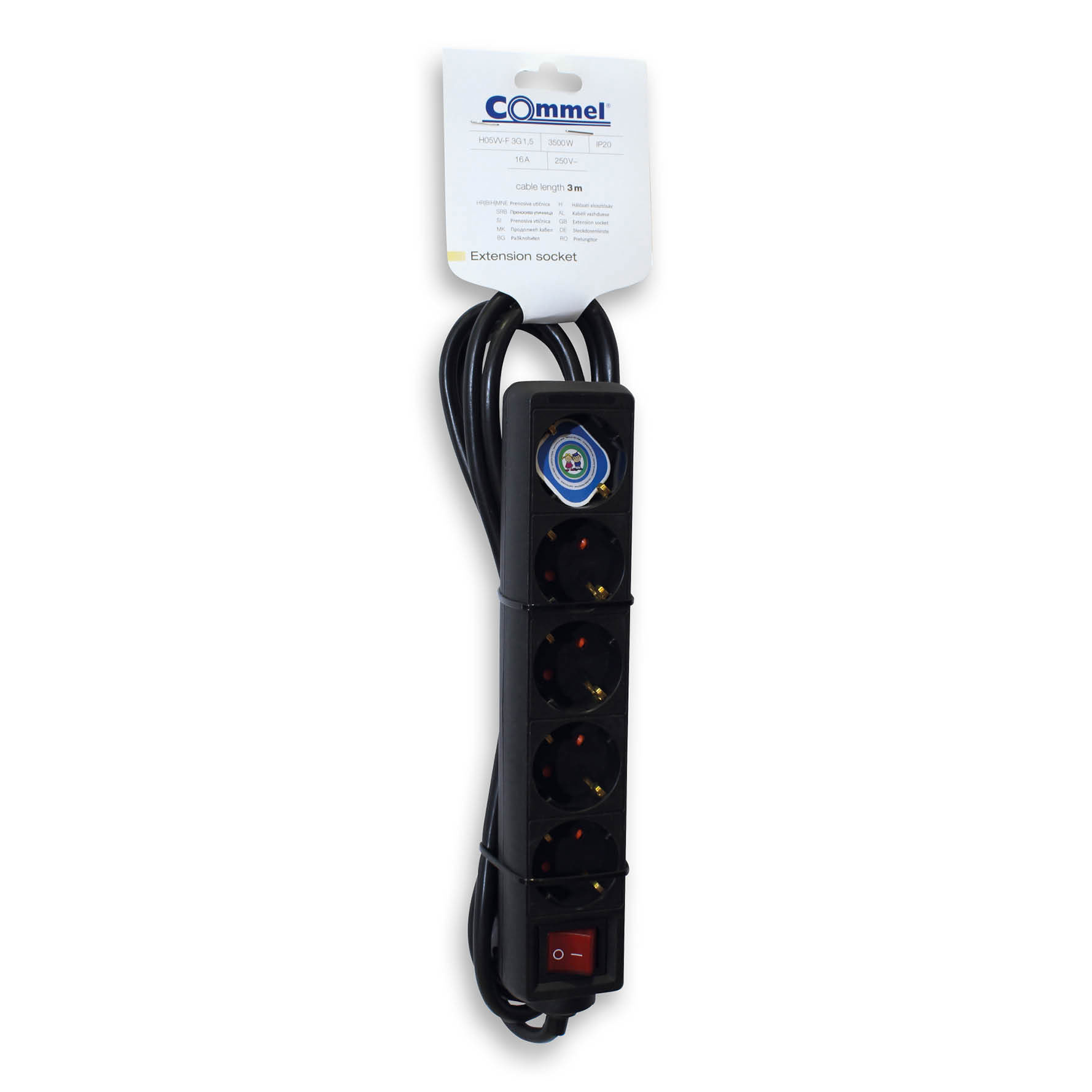 COMMEL produžni kabel 3m 5x utičnica 16A sklopka crni 232-525 - Slika 2