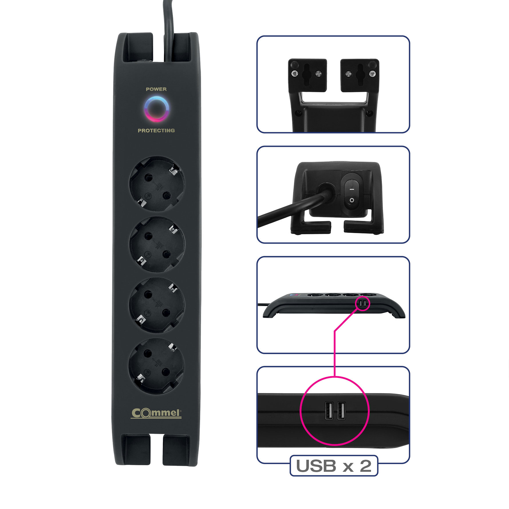 COMMEL produžni kabel 2m 4x utičnica USB 16A sklopka crni 380-109 - Slika 2