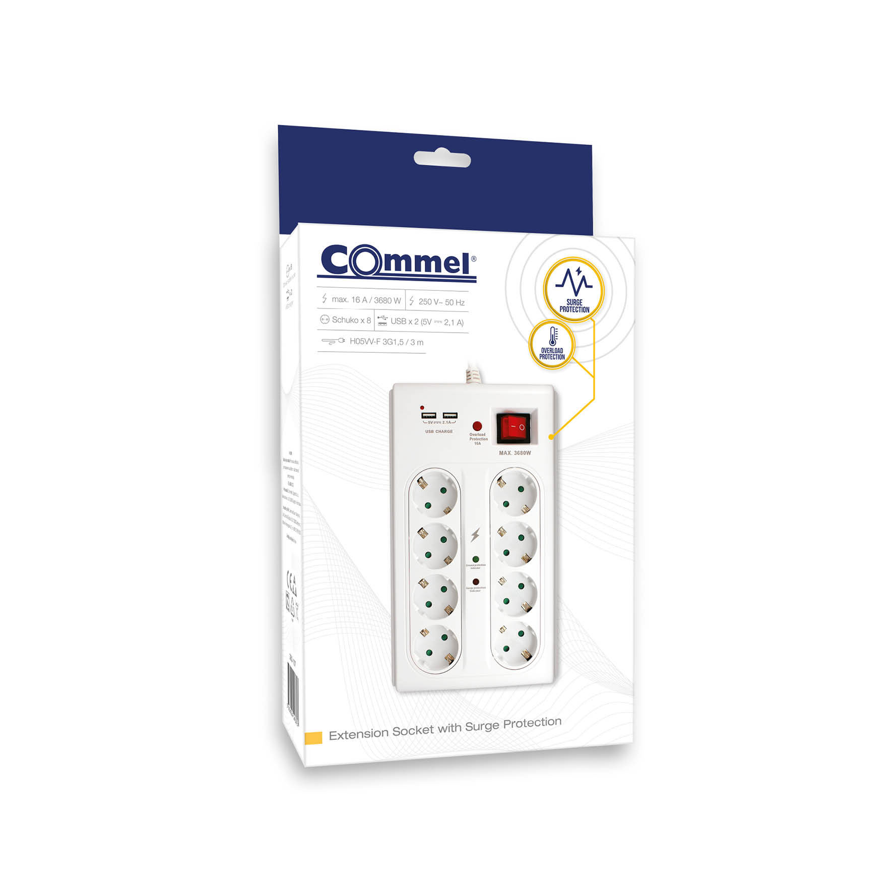 COMMEL produžni kabel 3m 8x utičnica USB 16A sklopka bijeli 380-107 - Slika 3
