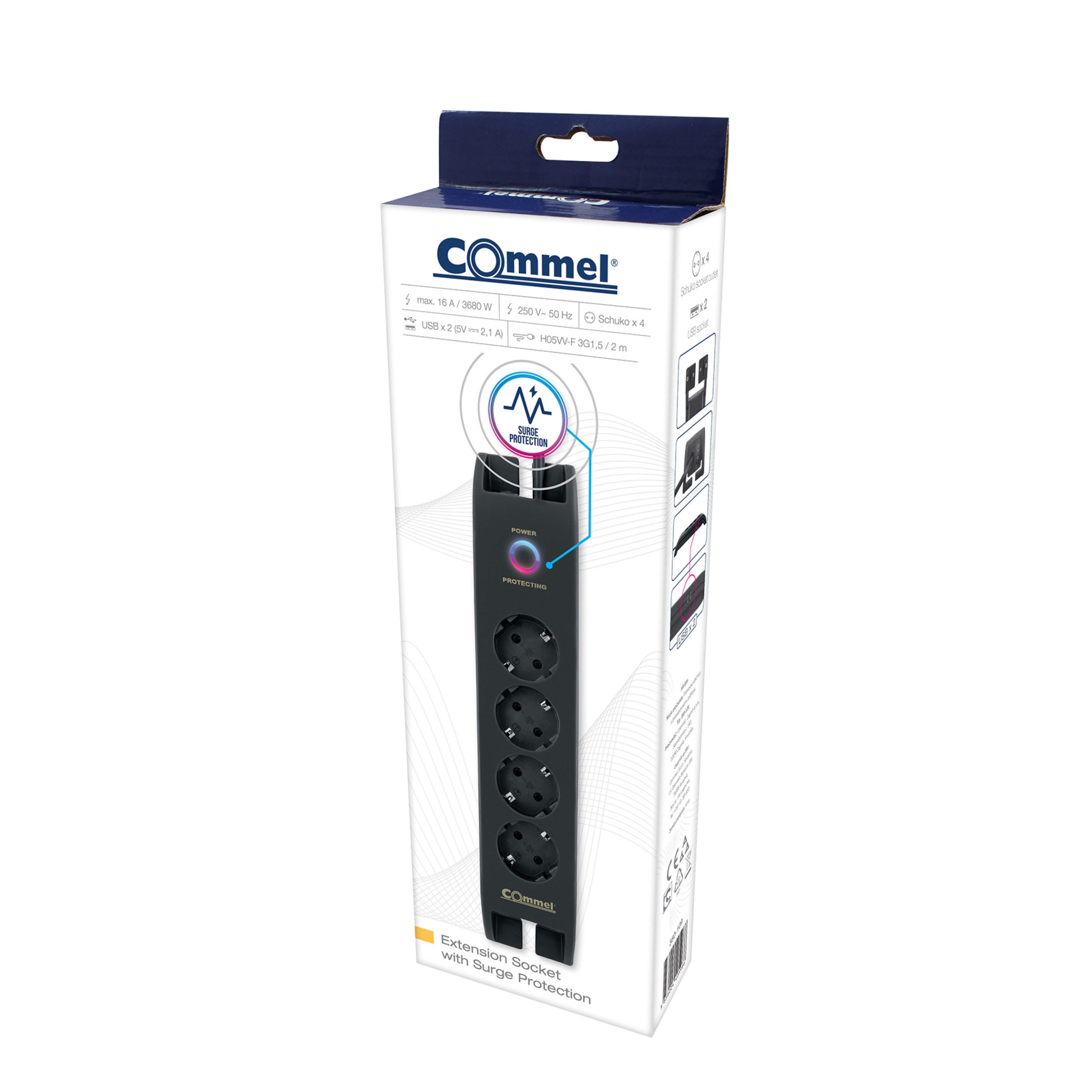 COMMEL produžni kabel 2m 4x utičnica USB 16A sklopka crni 380-109 - Slika 3