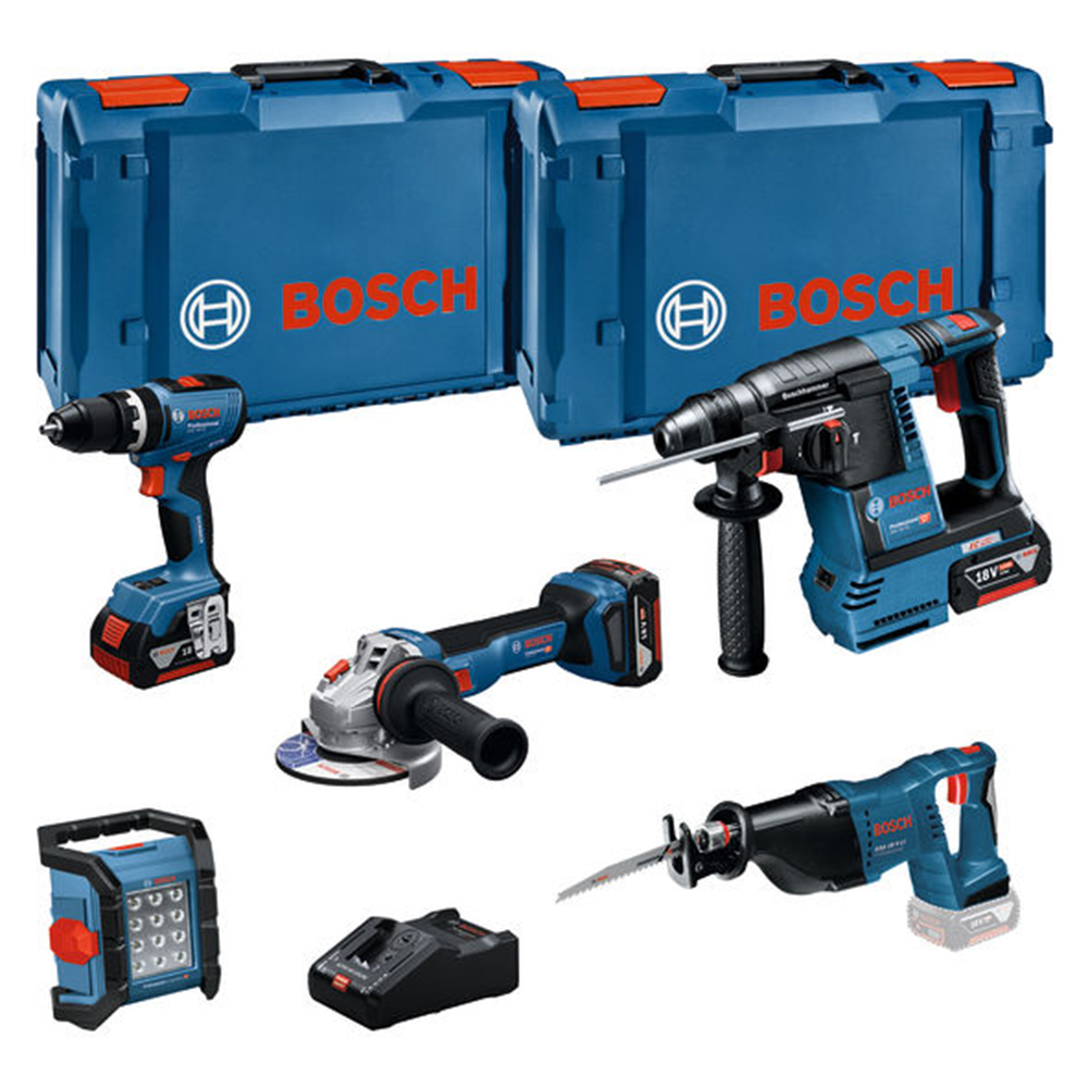 BOSCH aku set - GSB 18V-65 + GBH 18V-26 + GWS 18V-11 + GSA 18V-LI + GLI 18V-1200C 3xAku 5,0Ah 2x L-Boxx