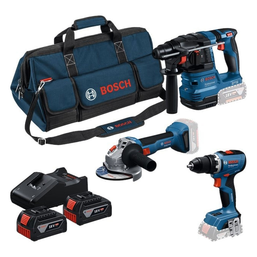 BOSCH aku set - aku udarna bušilica GSB 18V-65 + aku bušaći čekić GBH 18V-22 + aku brusilica GWS 18V-11 3xAku 5,0Ah torba