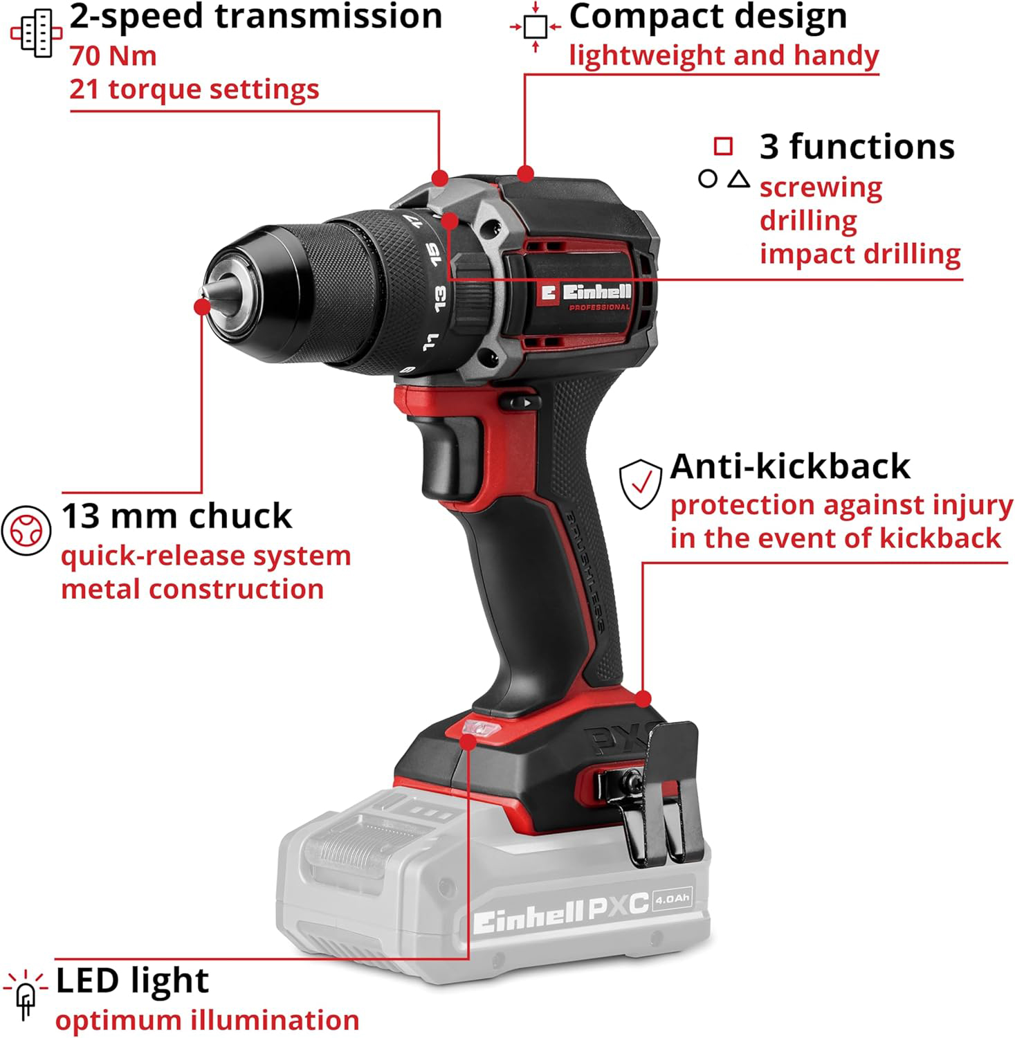 EINHELL PROFESSIONAL aku bušilica TP-CD 18/70-C Li-i BL PXC 18V bez baterije - Slika 5