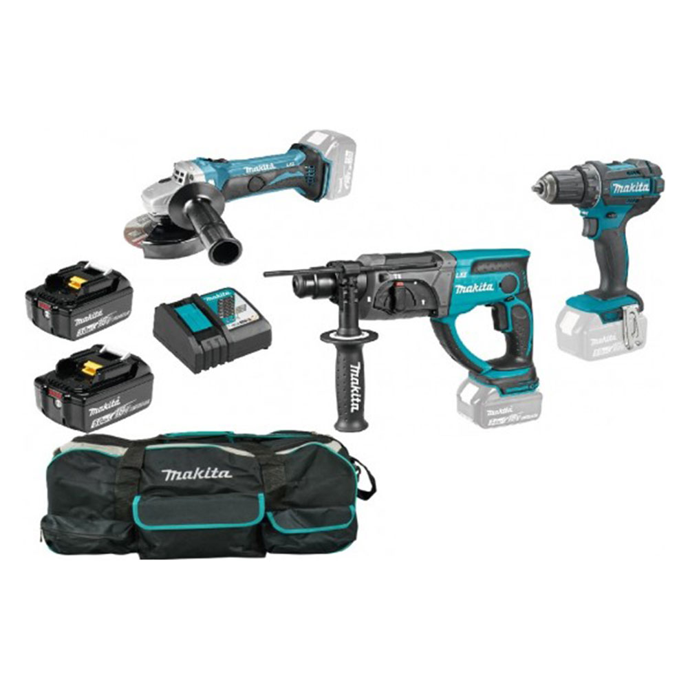 MAKITA aku set DLX3121T - DDF482Z + DGA452Z + DHR202Z 18V 3,0/5,0Ah DC18RC torba