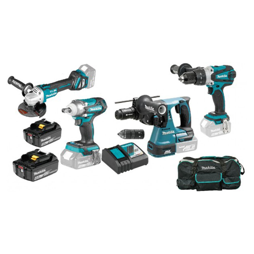 MAKITA aku set DLX3121S - DDF458Z + DGA513Z + DHR243Z + DTW301Z 18V 5,0/ 6,0Ah DC18RD torba