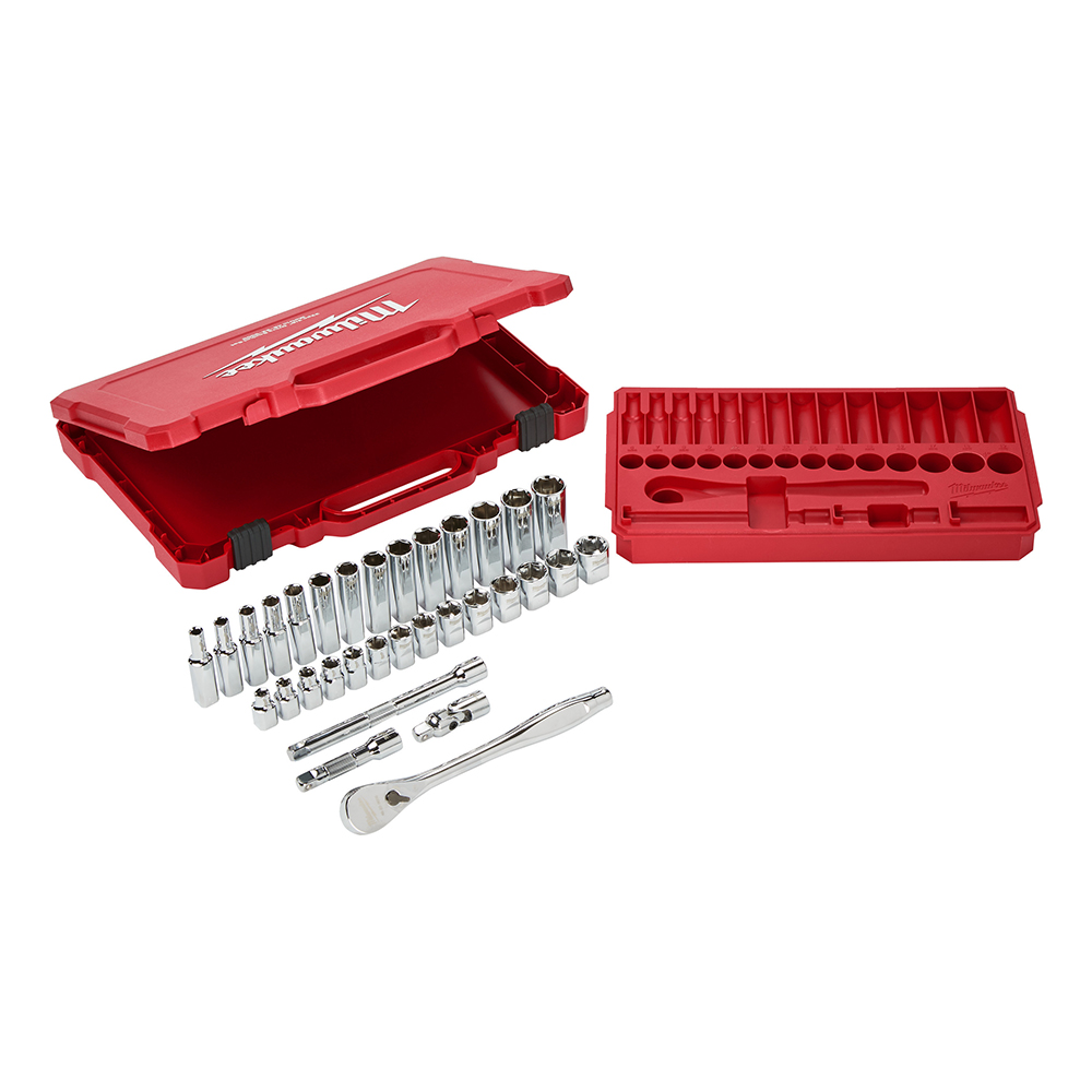 MILWAUKEE set nasadnih ključeva s račnom i produžecima 3/8” 32 dj.