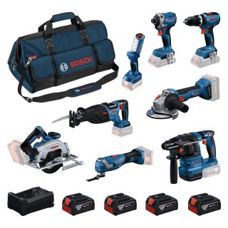 BOSCH aku kombo set - GBH 18V-22 + GWS 18V-8 + GDR 18V-215 + GSB 18V-65 + GKS 18V-57-2 + GSA 18V-28 + GOP 18V-34 + GLI 18V-300 4xAku 5,0Ah torba